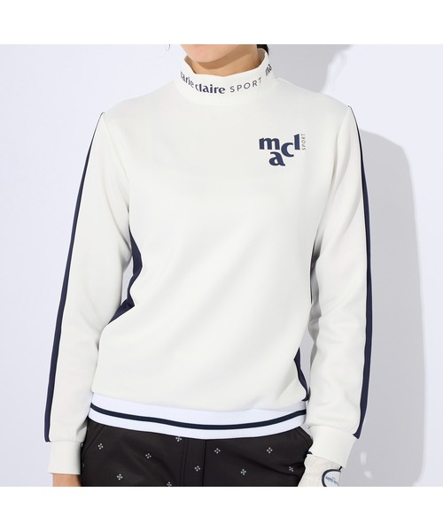 marie claire(マリ・クレール)の「marie claire GOLF/マリクレール ゴルフ ゴルフウェア ブランド ロゴ ストレッチ 保温 軽量 ダンボールニット 配色切替 ライン モックネック 長袖シャツ 【NEW LINE】(Tシャツ/カットソー・レディース・ネイビー/ホワイト/ブラック・M/L/LL)」の4枚目の写真
