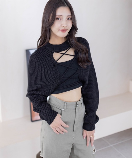 clear（クリア）の「フロントスピンドルショート丈ニット（ニット/セーター・レディース・アイボリー/ブラック/グレー・F）」の3枚目の写真