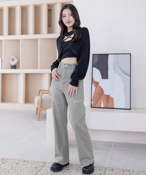 clear（クリア）の「フロントスピンドルショート丈ニット（ニット/セーター・レディース・アイボリー/ブラック/グレー・F）」の4枚目の写真