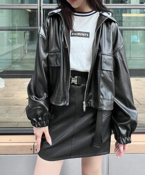 Figments（フィグメンツ）の「フード付き合皮ブルゾン（ブルゾン・レディース・ブラック・FREE）」の13枚目の写真