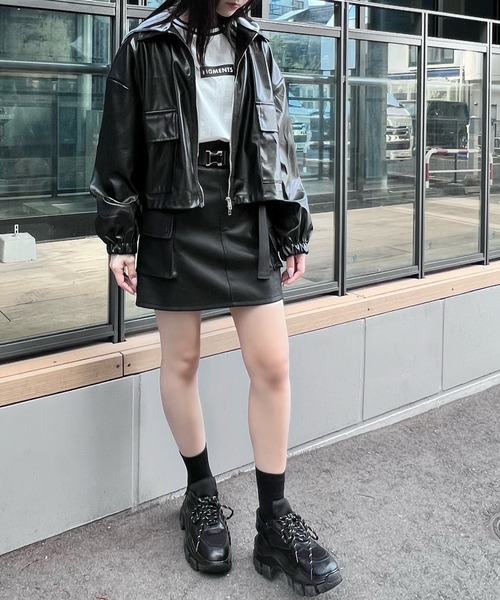 Figments（フィグメンツ）の「フード付き合皮ブルゾン（ブルゾン・レディース・ブラック・FREE）」の4枚目の写真