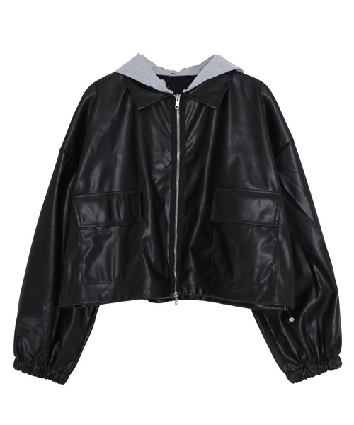 Figments（フィグメンツ）の「フード付き合皮ブルゾン（ブルゾン・レディース・ブラック・FREE）」の5枚目の写真