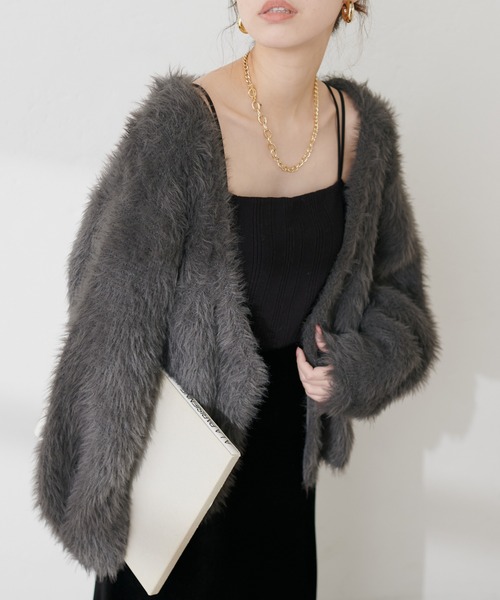 natural couture（ナチュラルクチュール）の「ロングフェザーボリュームカーディガン（カーディガン/ボレロ・レディース・アイボリー/チャコールグレー/モカ/グレー・FREE）」の3枚目の写真