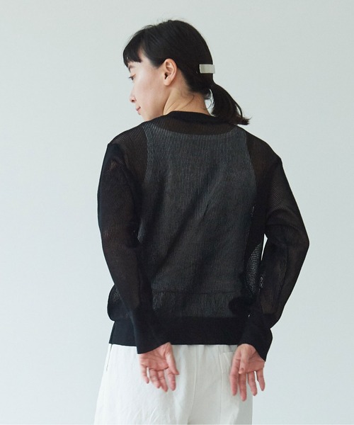 yuni - 美品　ユニ　yuni すかしストライプニット　クルーネックカーディガン　ブルー yuni（ユニ ）の「すかしストライプニット クルーネック