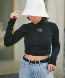 SPINNS | ラインストーンリボンデザイン 長袖ハイネックカットソー(Tシャツ/カットソー)