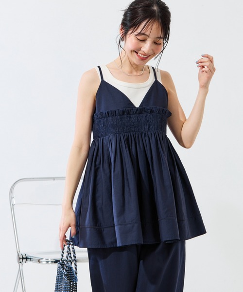 ⭐️試着のみ⭐️CC 25P トップ プリントシルクロゴ　キャミソール ネイビー40 満足 福助 ： 贅沢ピマ綿 カップ付きキャミソール 無地 袖なし 蜜ろう