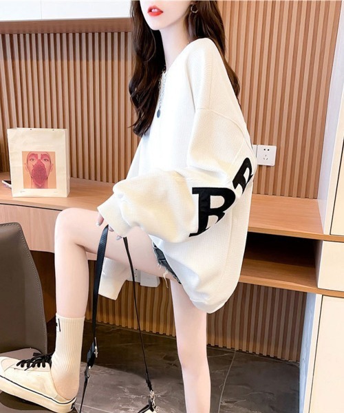 Miniministore(ミニミニストア)の「ロゴトレーナーレディースワッフルトップス(Tシャツ/カットソー・レディース・ライトグリーン/ブラック/ホワイト・FREE)」の5枚目の写真