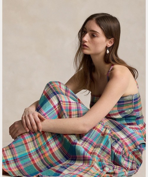 【RALPH LAUREN】チェック柄 タイフロント リネン シャツドレス セール】 チェック コットン フェイクラップ シャツドレス