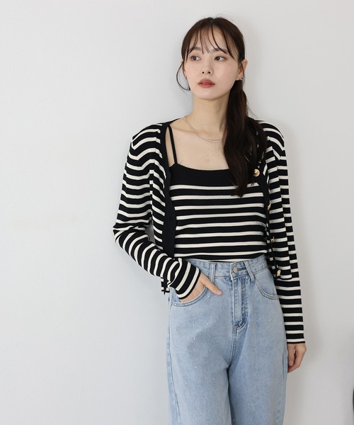 BLUEEAST(ブルーイースト)の「ボーダーカーディガン+キャミソール セット(アンサンブル・レディース・ホワイト/ブラック・MEDIUM)」の3枚目の写真