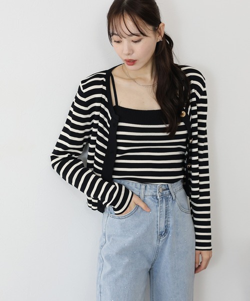 BLUEEAST(ブルーイースト)の「ボーダーカーディガン+キャミソール セット(アンサンブル・レディース・ホワイト/ブラック・MEDIUM)」の4枚目の写真