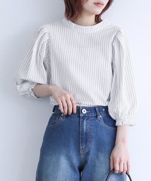 n'OrLABEL（ノアールレーベル）の「『ストライプ柄ボリューム袖ブラウス』（シャツ/ブラウス・レディース・オフホワイト/ネイビー/ライトベージュ・1/2）」の2枚目の写真