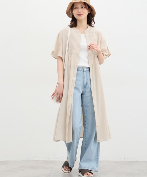 Honeys（ハニーズ）の「ピンタックシャツワンピース（シャツワンピース・レディース・オレンジ/ブルーグリーン/ブラック/ライトベージュ・L/M/LL）」の2枚目の写真