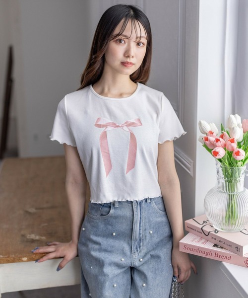 clear（クリア）の「リボンプリントメロウ半袖カットソートップス[バレエコア ガーリー レフンチ カジュアル]≪再入荷≫（Tシャツ/カットソー・レディース・オフホワイト/サックスブルー/ブラック・F）」の12枚目の写真