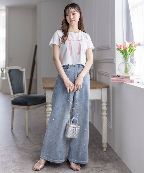 clear（クリア）の「リボンプリントメロウ半袖カットソートップス[バレエコア ガーリー レフンチ カジュアル]≪再入荷≫（Tシャツ/カットソー・レディース・オフホワイト/サックスブルー/ブラック・F）」の13枚目の写真