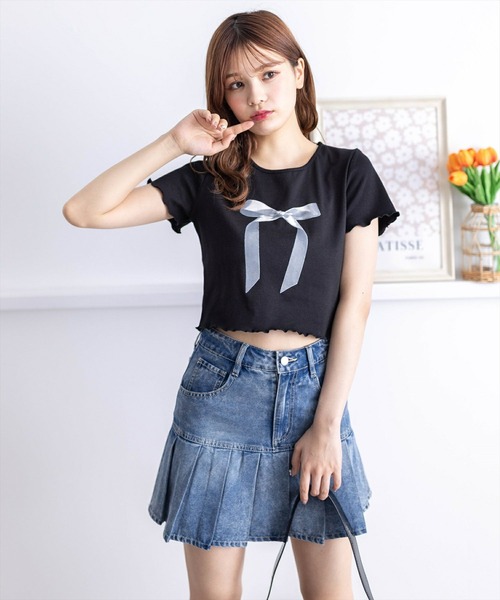 clear（クリア）の「リボンプリントメロウ半袖カットソートップス[バレエコア ガーリー レフンチ カジュアル]≪再入荷≫（Tシャツ/カットソー・レディース・オフホワイト/サックスブルー/ブラック・F）」の14枚目の写真