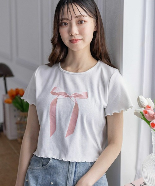 clear（クリア）の「リボンプリントメロウ半袖カットソートップス[バレエコア ガーリー レフンチ カジュアル]≪再入荷≫（Tシャツ/カットソー・レディース・オフホワイト/サックスブルー/ブラック・F）」の21枚目の写真