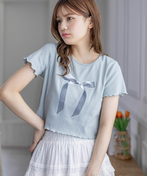 clear（クリア）の「リボンプリントメロウ半袖カットソートップス[バレエコア ガーリー レフンチ カジュアル]≪再入荷≫（Tシャツ/カットソー・レディース・オフホワイト/サックスブルー/ブラック・F）」の22枚目の写真