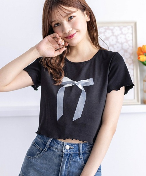 clear（クリア）の「リボンプリントメロウ半袖カットソートップス[バレエコア ガーリー レフンチ カジュアル]≪再入荷≫（Tシャツ/カットソー・レディース・オフホワイト/サックスブルー/ブラック・F）」の19枚目の写真