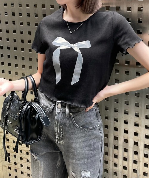 clear（クリア）の「リボンプリントメロウ半袖カットソートップス[バレエコア ガーリー レフンチ カジュアル]≪再入荷≫（Tシャツ/カットソー・レディース・オフホワイト/サックスブルー/ブラック・F）」の20枚目の写真