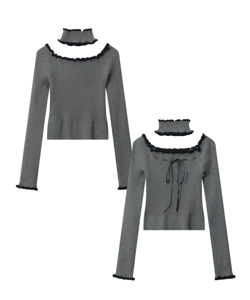 HOOK(フック)の「【HOOK】for girls チョーカー付きリブニットトップス(Tシャツ/カットソー・レディース・グレー/ホワイト・L/M/S)」の22枚目の写真