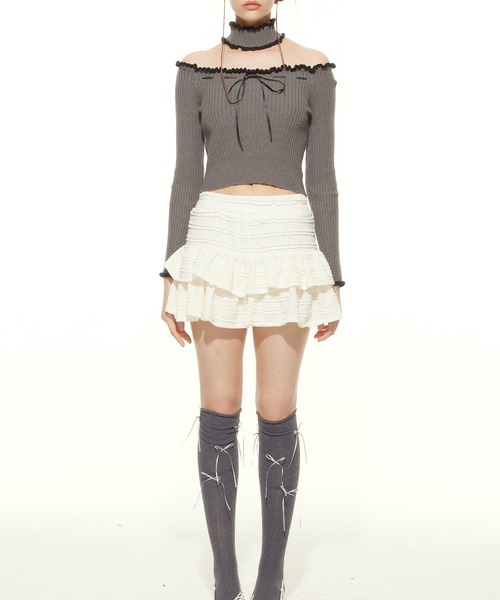 HOOK(フック)の「【HOOK】for girls チョーカー付きリブニットトップス(Tシャツ/カットソー・レディース・グレー/ホワイト・L/M/S)」の8枚目の写真