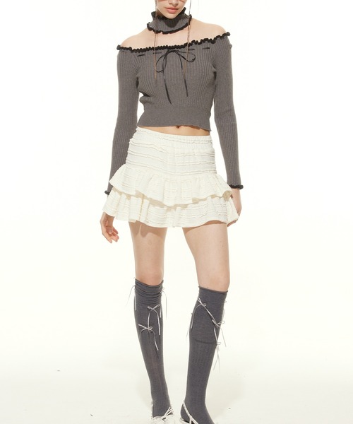 HOOK(フック)の「【HOOK】for girls チョーカー付きリブニットトップス(Tシャツ/カットソー・レディース・グレー/ホワイト・L/M/S)」の11枚目の写真