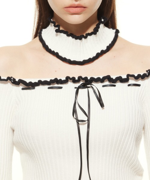HOOK(フック)の「【HOOK】for girls チョーカー付きリブニットトップス(Tシャツ/カットソー・レディース・グレー/ホワイト・L/M/S)」の13枚目の写真
