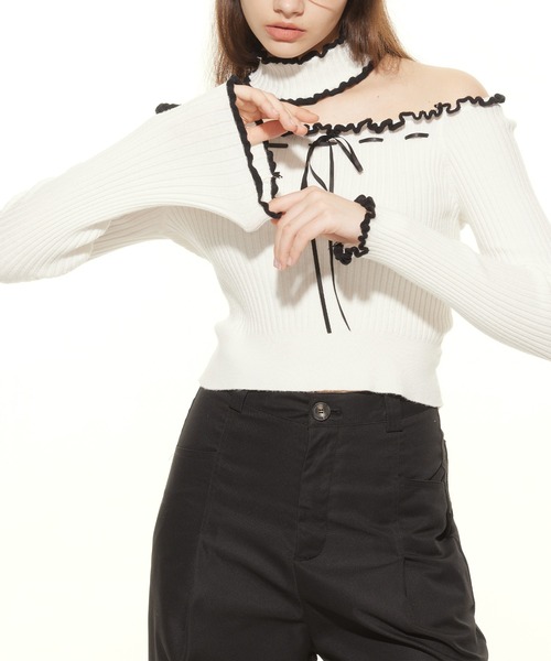 HOOK(フック)の「【HOOK】for girls チョーカー付きリブニットトップス(Tシャツ/カットソー・レディース・グレー/ホワイト・L/M/S)」の14枚目の写真