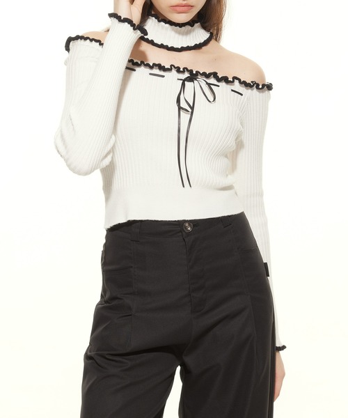 HOOK(フック)の「【HOOK】for girls チョーカー付きリブニットトップス(Tシャツ/カットソー・レディース・グレー/ホワイト・L/M/S)」の15枚目の写真
