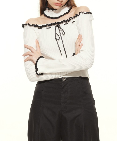 HOOK(フック)の「【HOOK】for girls チョーカー付きリブニットトップス(Tシャツ/カットソー・レディース・グレー/ホワイト・L/M/S)」の16枚目の写真