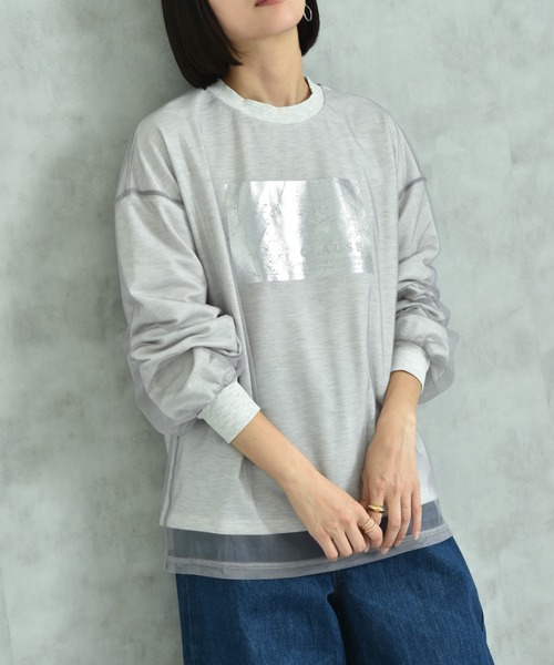 actuel（アクチュエル）の「【ａｃｔｕｅｌ】シアーレイヤードスウェット箔プリントプルオーバー（Tシャツ/カットソー・レディース・ライトベージュ/グレー/チャコールグレー・FREE）」の5枚目の写真