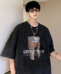 【NOWLE】ヴィンテージ加工 フロント プリント 半袖 ロック Tシャツ