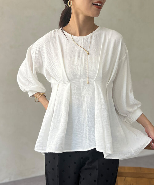 Chez toi(シェトワ)の「【マイナス3キロ見え】7分袖ウエストタックペプラムブラウス(シャツ/ブラウス・レディース・ブラウン/オフホワイト/ブラック・FREE)」の4枚目の写真