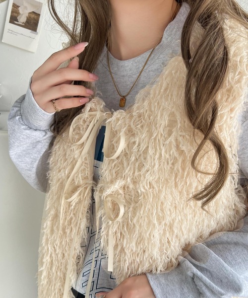 セール】パッと目を惹く華やかコーデに。前後2wayリボン付きシャギー