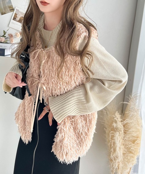 セール】パッと目を惹く華やかコーデに。前後2wayリボン付きシャギー