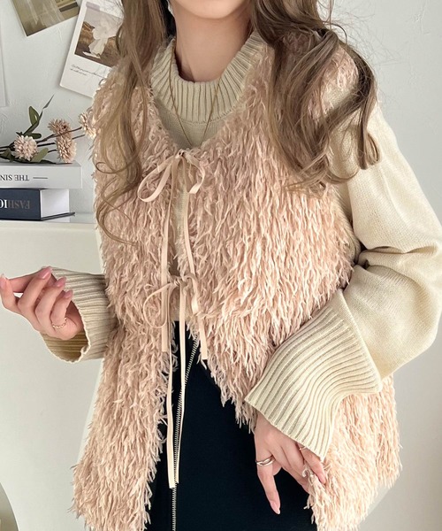 セール】パッと目を惹く華やかコーデに。前後2wayリボン付きシャギー