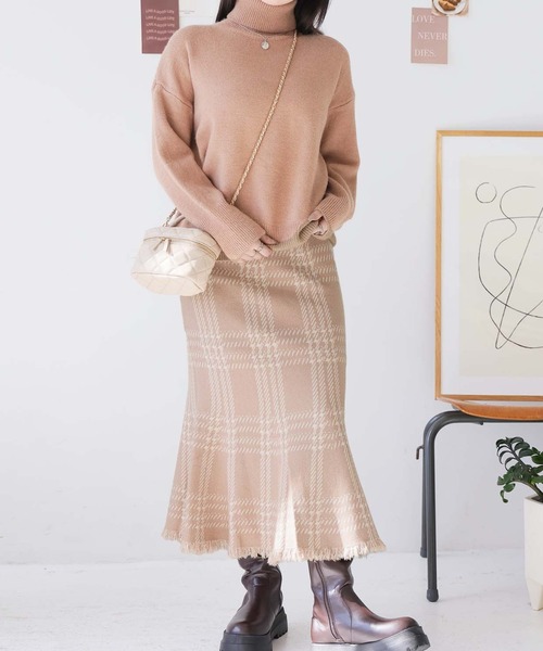 Doula Doula（ドゥーラドゥーラ）の「チェックマーメイドニットスカート（スカート・レディース・ベージュ/グレー/ダークベージュ/ブラック・FREE）」の4枚目の写真