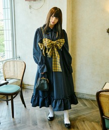 【クティールとレトロ】チェックリボンビスチェセットフリル襟ワンピース
