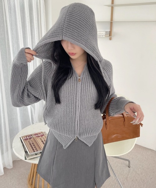 VIVID LADY（ビビッドレディー）の「フード付きジップアップニット レディース ニット（カーディガン/ボレロ・レディース・ブラック/ベージュ/グレー/アイボリー・FREE）」の4枚目の写真