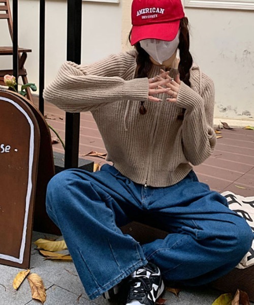 VIVID LADY（ビビッドレディー）の「フード付きジップアップニット レディース ニット（カーディガン/ボレロ・レディース・ブラック/ベージュ/グレー/アイボリー・FREE）」の9枚目の写真