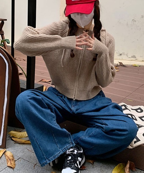 VIVID LADY（ビビッドレディー）の「フード付きジップアップニット レディース ニット（カーディガン/ボレロ・レディース・ブラック/ベージュ/グレー/アイボリー・FREE）」の10枚目の写真