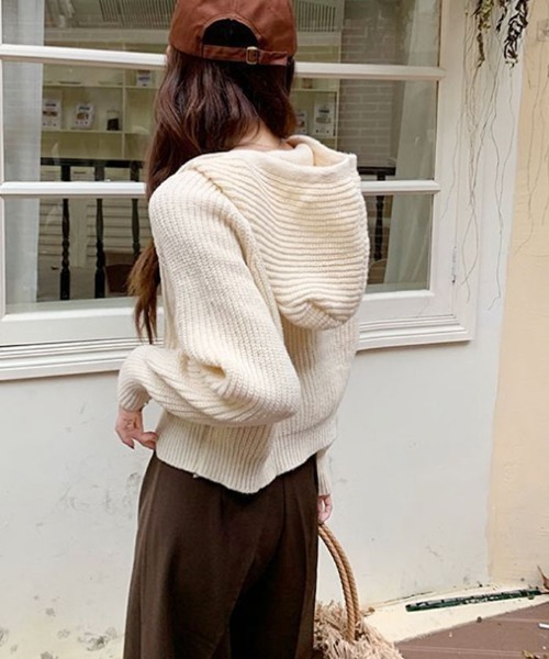 VIVID LADY（ビビッドレディー）の「フード付きジップアップニット レディース ニット（カーディガン/ボレロ・レディース・ブラック/ベージュ/グレー/アイボリー・FREE）」の14枚目の写真