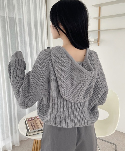 VIVID LADY（ビビッドレディー）の「フード付きジップアップニット レディース ニット（カーディガン/ボレロ・レディース・ブラック/ベージュ/グレー/アイボリー・FREE）」の16枚目の写真