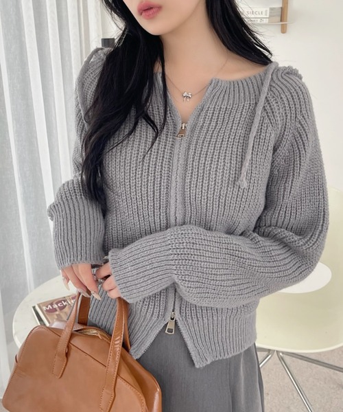 VIVID LADY（ビビッドレディー）の「フード付きジップアップニット レディース ニット（カーディガン/ボレロ・レディース・ブラック/ベージュ/グレー/アイボリー・FREE）」の18枚目の写真