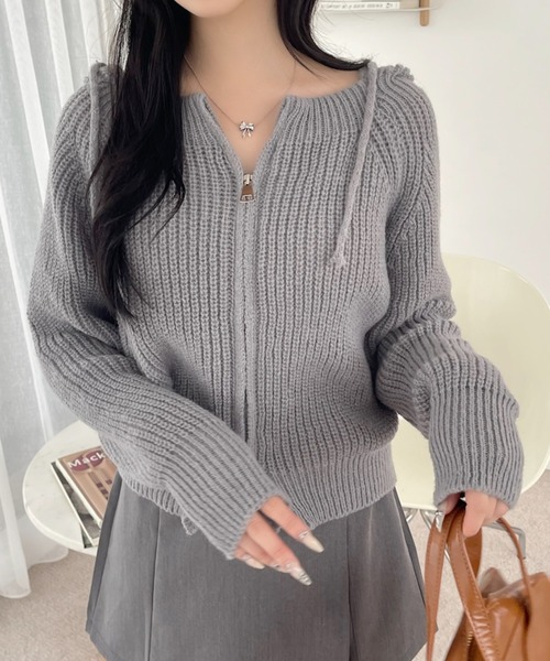 VIVID LADY（ビビッドレディー）の「フード付きジップアップニット レディース ニット（カーディガン/ボレロ・レディース・ブラック/ベージュ/グレー/アイボリー・FREE）」の21枚目の写真