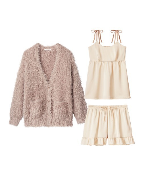 aimerfeel（エメフィール）の「【"かわいい"をつめ込んだ、あざとセットアップ】サテンキャミソール シャギーニット カーディガン付き 長袖 3点セット（ルームウェア/パジャマ・レディース・杢グレー/ピンク/モカ・MEDIUM/LARGE）」の19枚目の写真