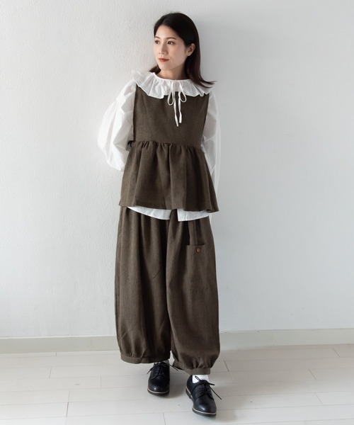 LOSUCA(ロスカ)の「ノースリーブギャザープルオーバー ワイドパンツ セットアップ / ツイード バルーンパンツ リボン セットアップ ナチュラル フレンチ レトロ(セットアップ・レディース・グレー/カーキ/ブラック・FREE)」の2枚目の写真