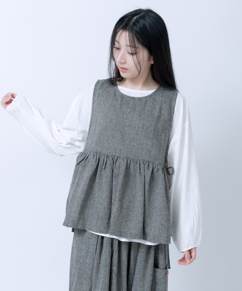 LOSUCA(ロスカ)の「ノースリーブギャザープルオーバー ワイドパンツ セットアップ / ツイード バルーンパンツ リボン セットアップ ナチュラル フレンチ レトロ(セットアップ・レディース・グレー/カーキ/ブラック・FREE)」の6枚目の写真