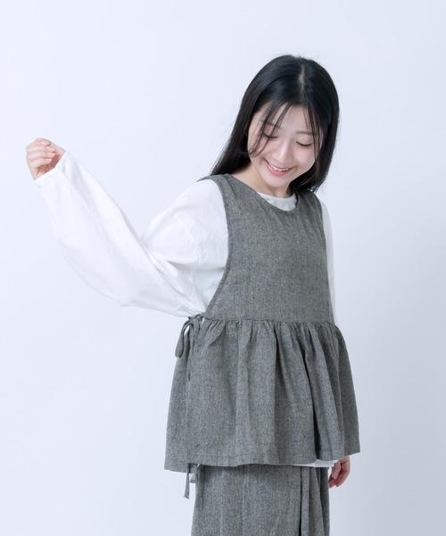 LOSUCA(ロスカ)の「ノースリーブギャザープルオーバー ワイドパンツ セットアップ / ツイード バルーンパンツ リボン セットアップ ナチュラル フレンチ レトロ(セットアップ・レディース・グレー/カーキ/ブラック・FREE)」の7枚目の写真