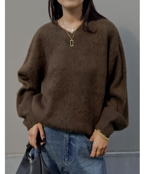 セール】[新色追加]モヘアライクVネックニットトップス（ニット